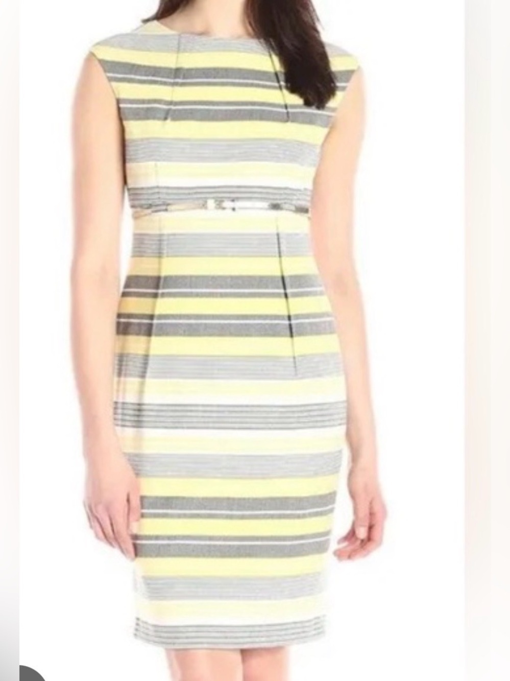 Calvin Klein 10 yellow-grey belted cap sleeve sheath midi dress old money preppy